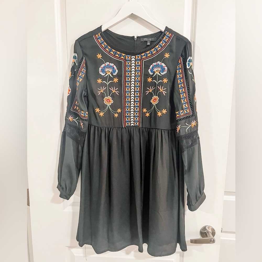 Black Embroidered Long Sleeve Dress with Mesh Detail | Sz M